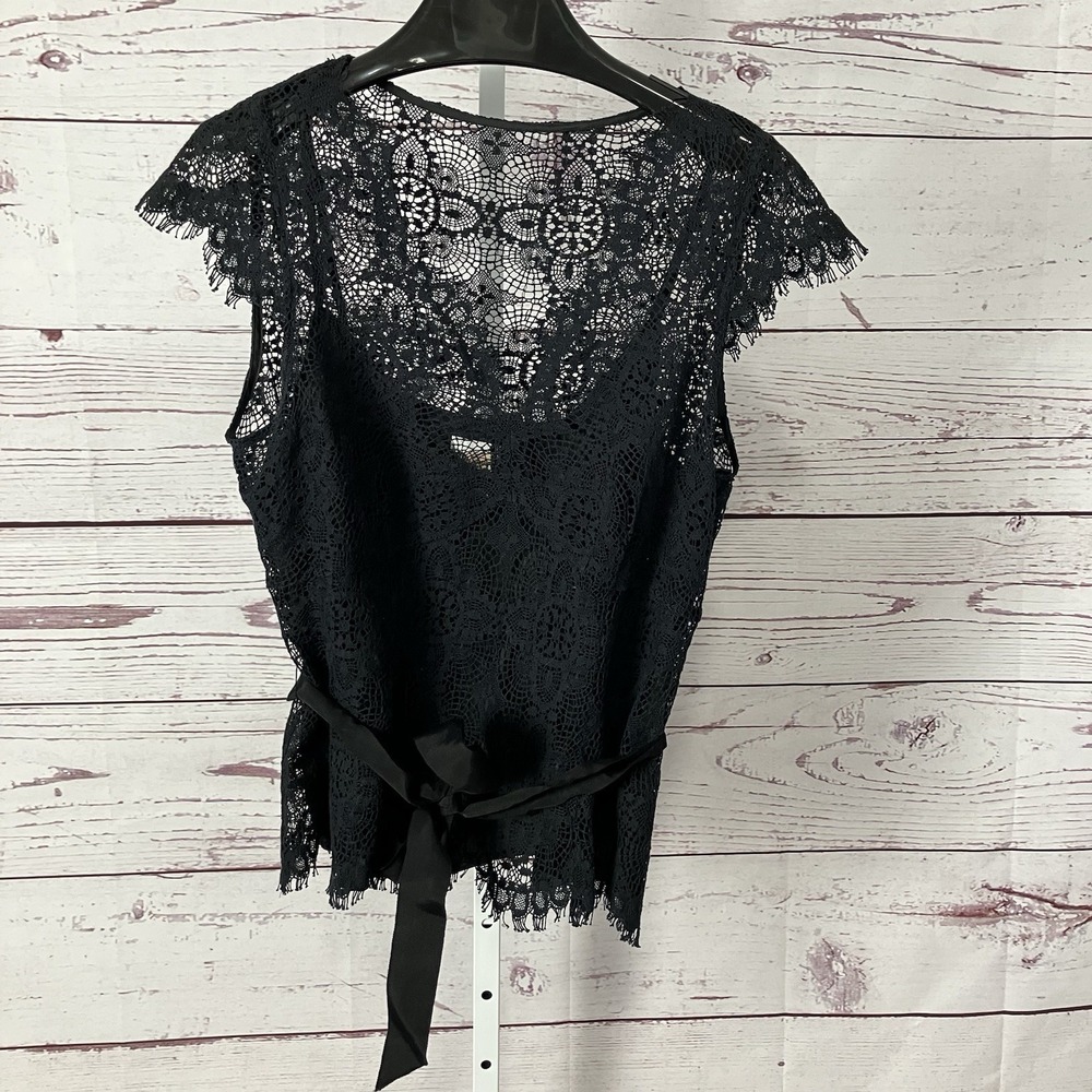 Talbots Lace‎ Top Navy Black Sleeveless Tie Waist Sheer Overlay Womens Size 14